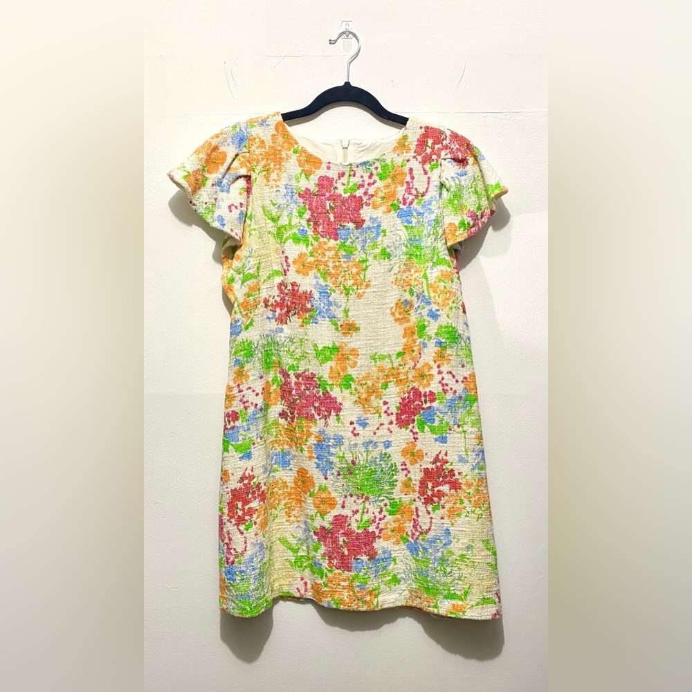 Size 12 ASOS Textured Woven Floral Mini Shift Dress with Flutter Sleeves